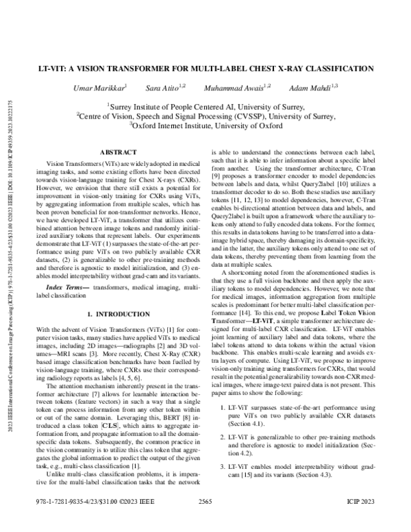 (PDF) LT-ViT: A Vision Transformer for Multi-Label Chest X-Ray ...