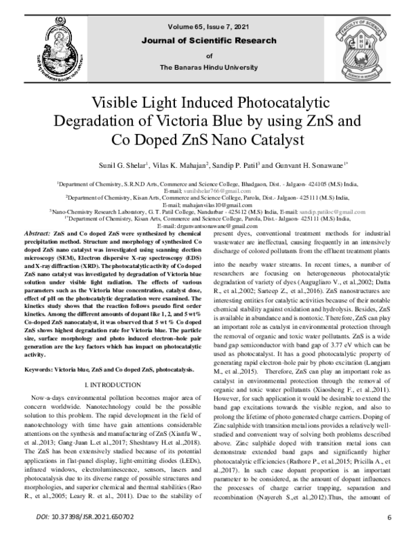 (PDF) Visible Light Induced Photocatalytic Degradation of Victoria Blue ...