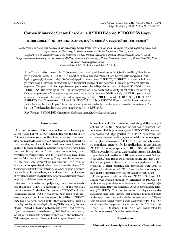 (PDF) Carbon Monoxide Sensor Based on a B2HDDT-doped PEDOT:PSS Layer