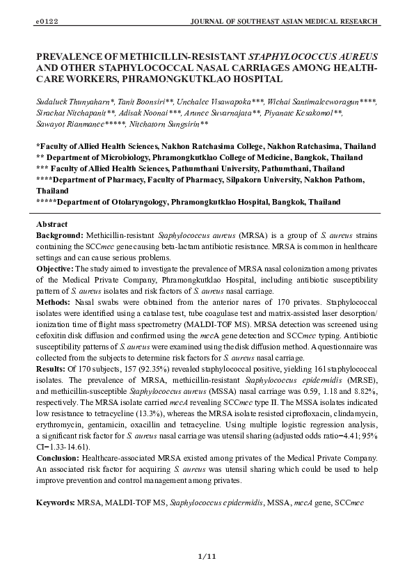 (PDF) Prevalence of Methicillin-Resistant Staphylococcus Aureus and ...
