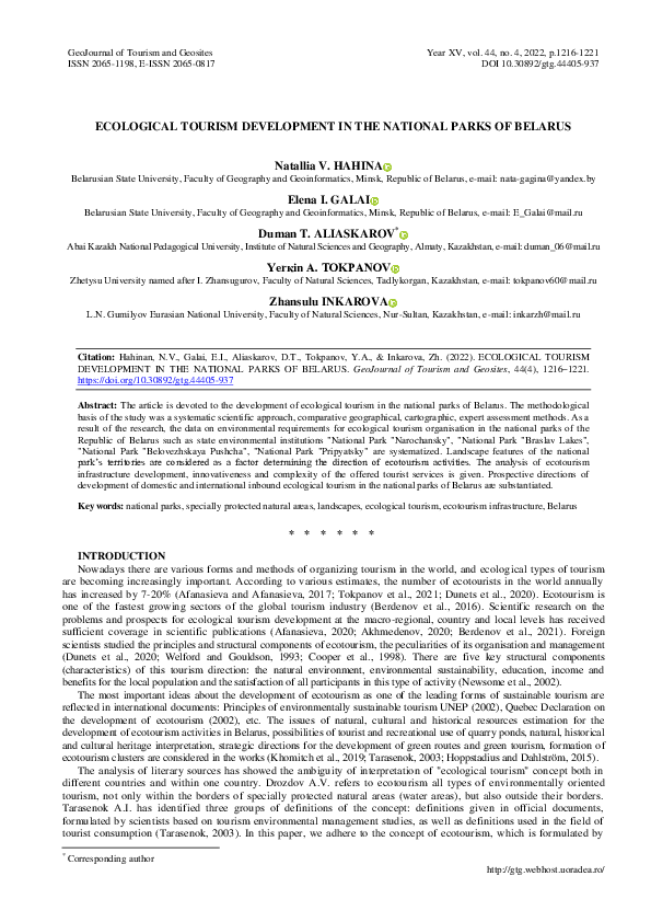 (PDF) Ecological Tourism Development in the National Parks of Belarus