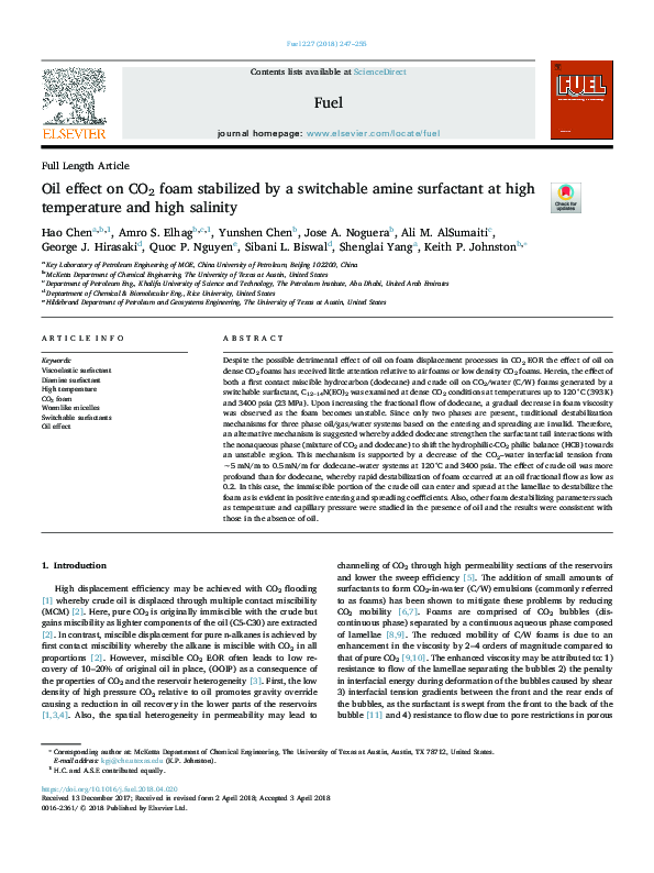 (PDF) Oil effect on CO2 foam stabilized by a switchable amine ...