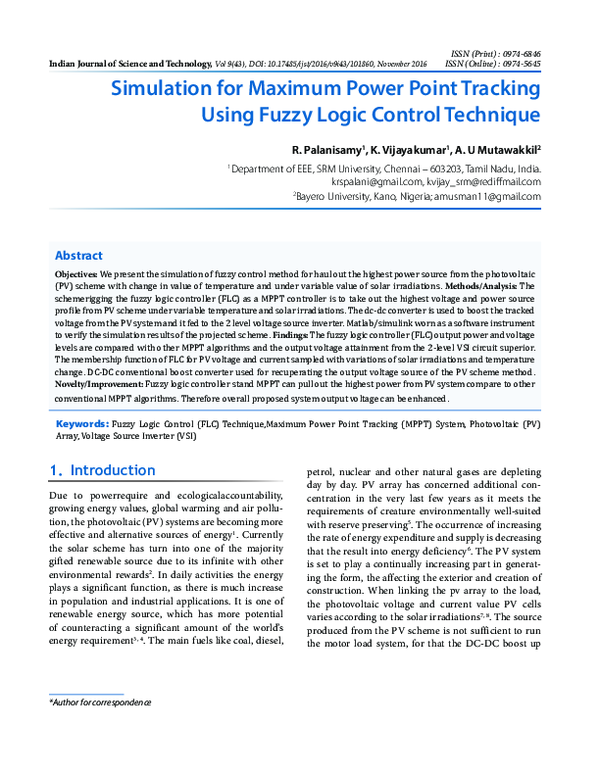 (PDF) Simulation for Maximum Power Point Tracking Using Fuzzy Logic ...
