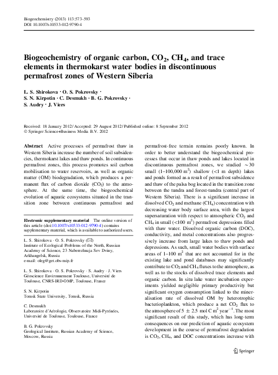 (PDF) Biogeochemistry of organic carbon, CO2, CH4, and trace elements ...