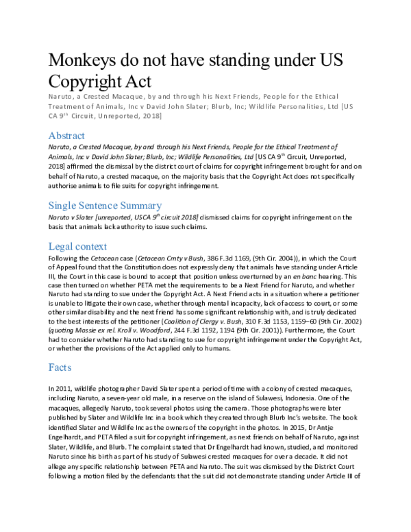 (DOC) Monkeys do not have standing under US Copyright Act