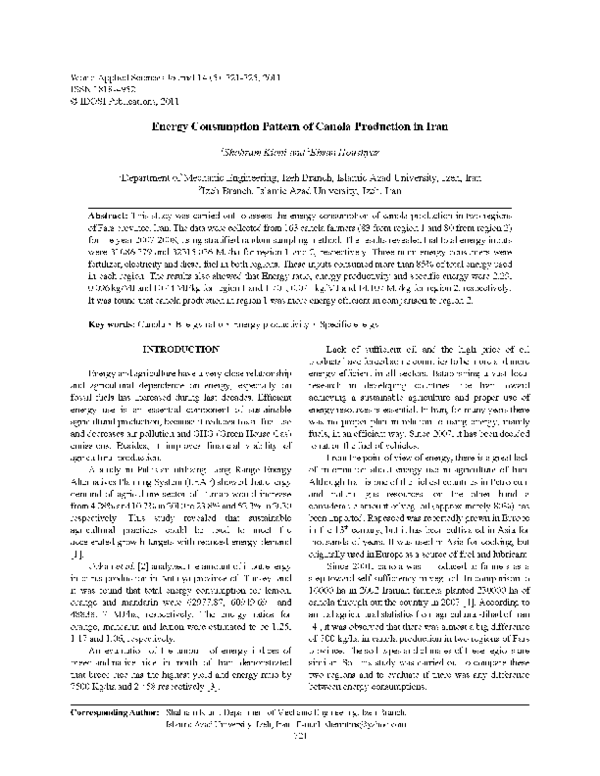 (PDF) Energy consumption pattern of canola production in Iran