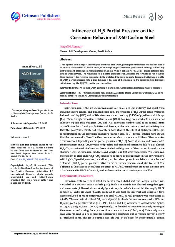(PDF) Influence of H2S Partial Pressure on the Corrosion Behavior of ...