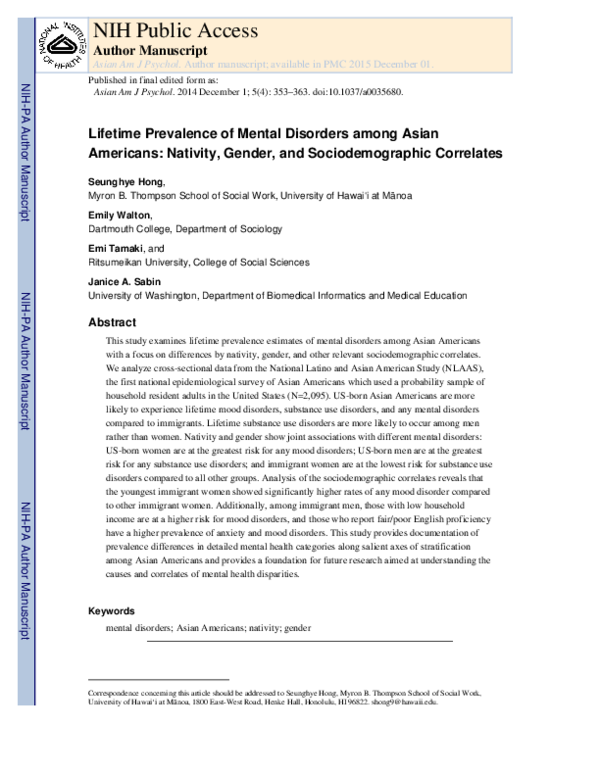 (PDF) Lifetime prevalence of mental disorders among Asian Americans ...