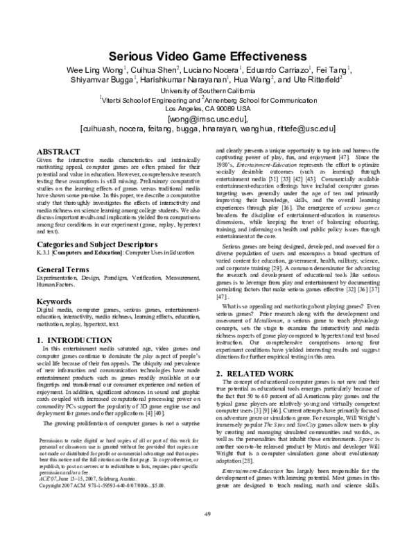 (PDF) Serious video game effectiveness