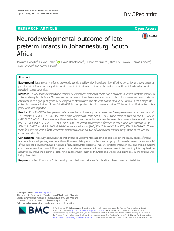 (PDF) Neurodevelopmental outcome of late preterm infants in ...