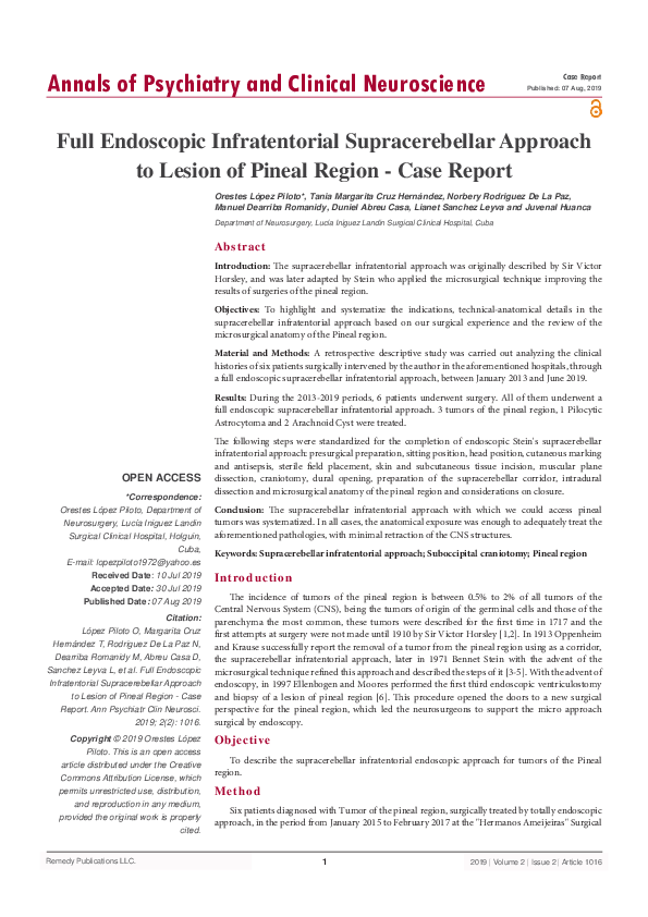 (PDF) Full Endoscopic Infratentorial Supracerebellar Approach to Lesion ...