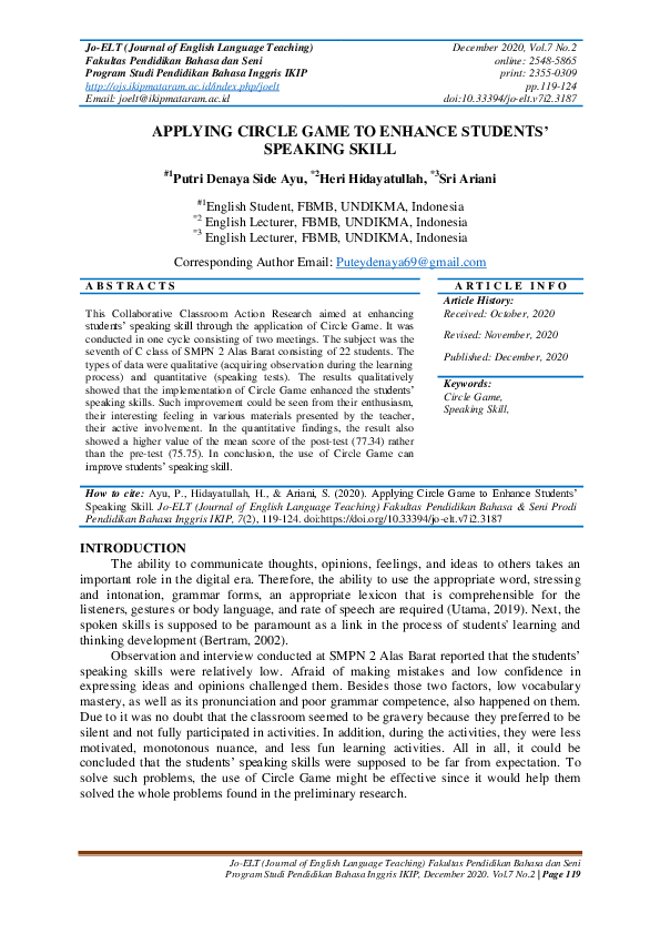 (PDF) Applying Circle Game to Enhance Students’ Speaking Skill