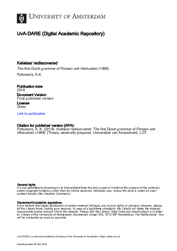 (PDF) Ketelaar rediscovered. The first Dutch grammar of Persian and ...
