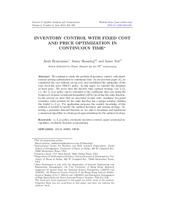 (PDF) Inventory Control with Fixed Cost and Price Optimization in ...