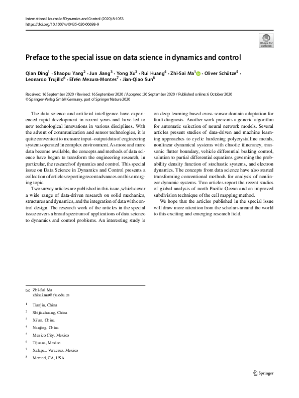 (PDF) Preface to the special issue on data science in dynamics and control