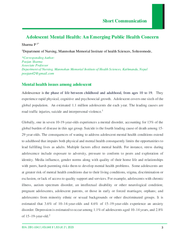 (PDF) Adolescent Mental Health: An Emerging Public Health Concern