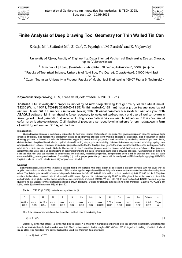(PDF) Finite Analysis of Deep Drawing Tool Geometry for Thin Walled Tin Can
