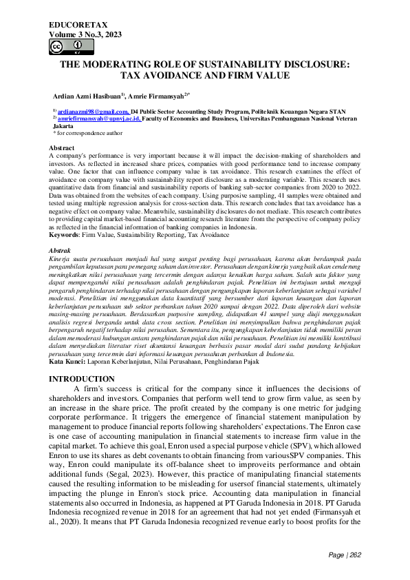 (PDF) The Moderating Role Of Sustainability Disclosure: Tax Avoidance ...