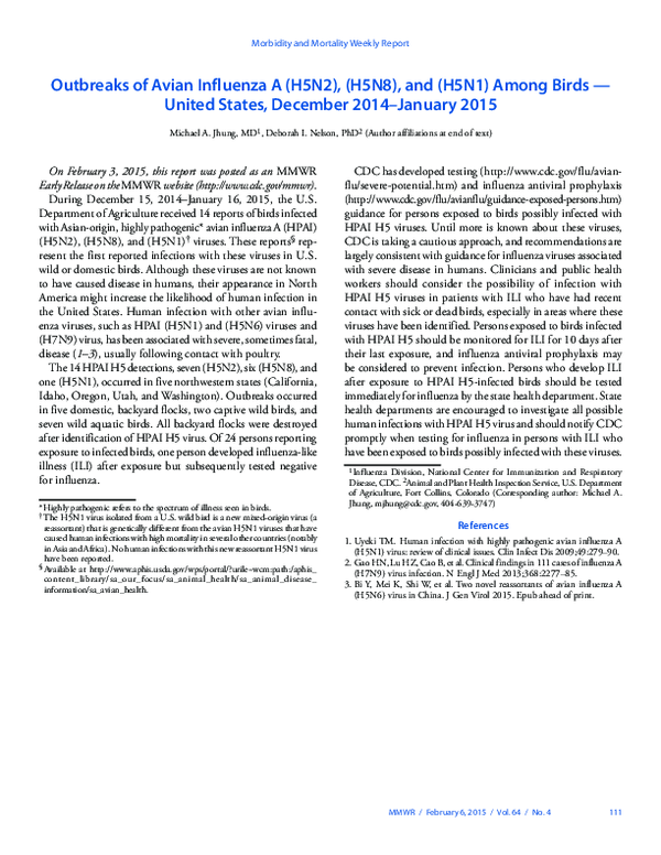 Outbreaks of avian influenza A (H5N2), (H5N8), and (H5N1) among birds--United States, December 2014-January 2015