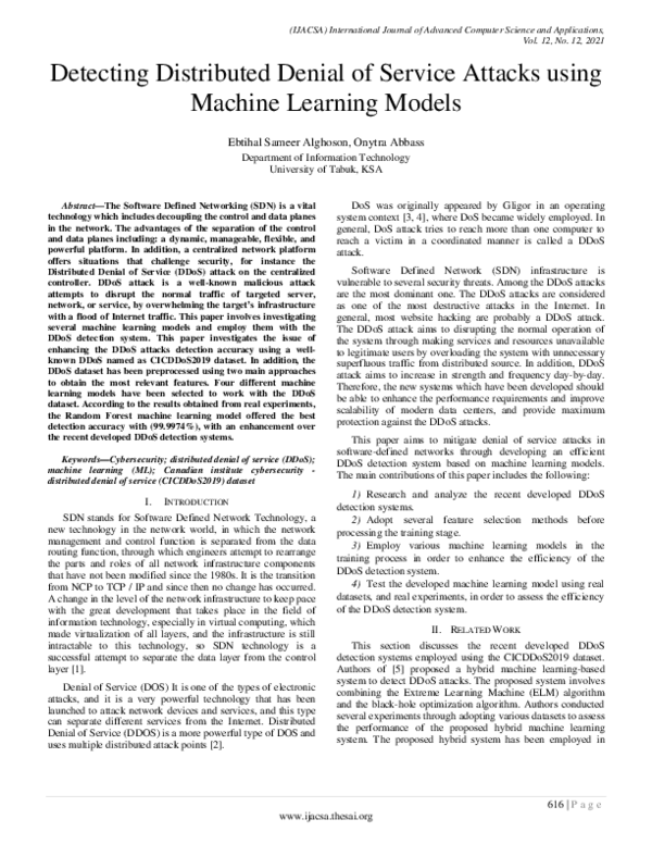 (PDF) Detecting Distributed Denial of Service Attacks using Machine ...