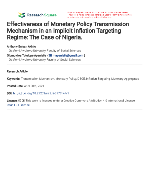 (PDF) Effectiveness of Monetary Policy Transmission Mechanism in an ...