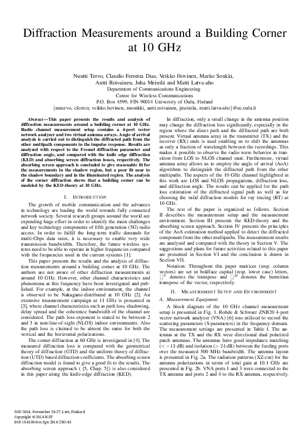 (PDF) Diffraction Measurements around a Building Corner at 10 GHz