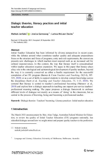 (PDF) Dialogic theories, literacy practices and initial teacher education