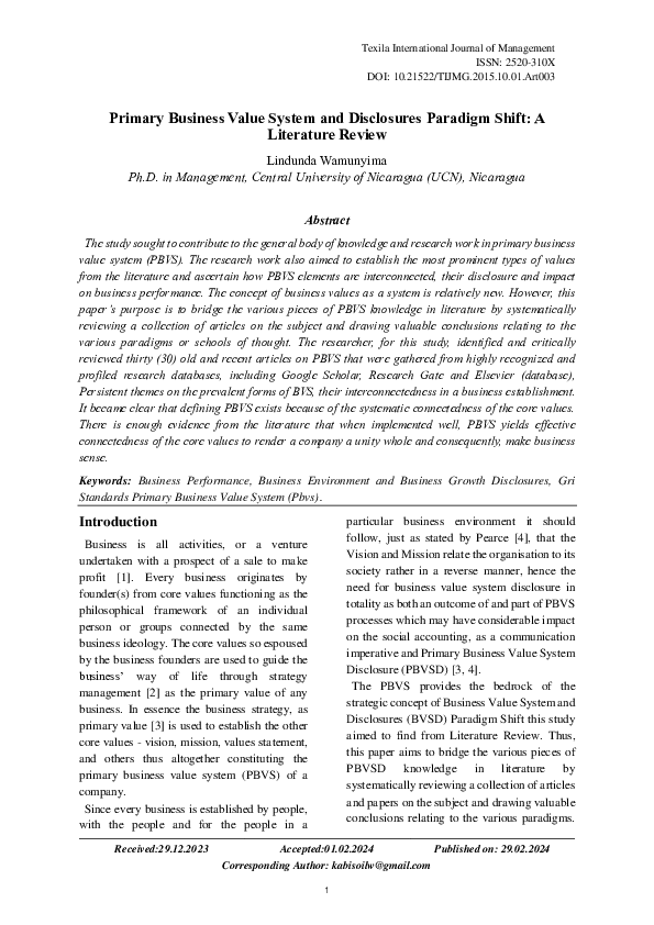 (PDF) Primary Business Value System and Disclosures Paradigm Shift: A ...