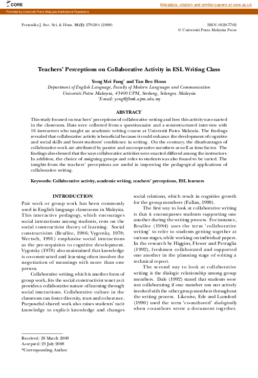 (PDF) Teachers' Perceptions on Collaborative Activity in ESL Writing Class