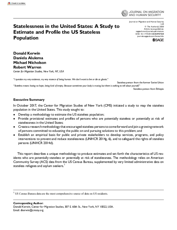 (PDF) Statelessness in the United States: A Study to Estimate and ...
