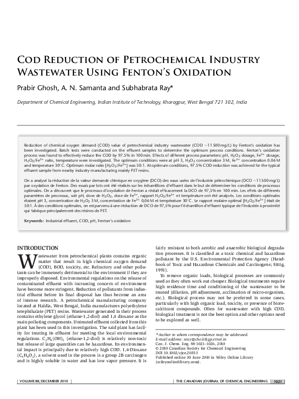 (PDF) COD reduction of petrochemical industry wastewater using Fenton's ...