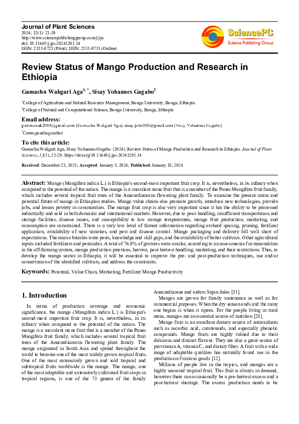 (PDF) Review Status of Mango Production and Research in Ethiopia