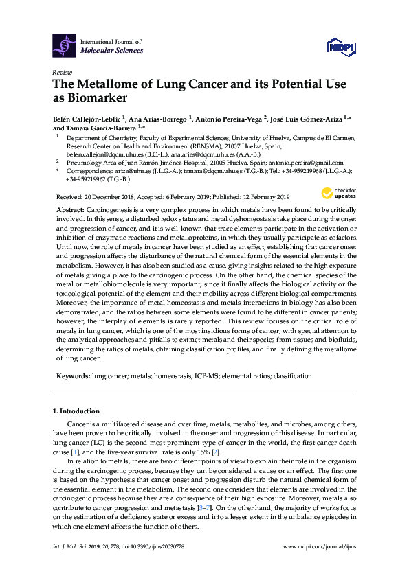 (PDF) The Metallome of Lung Cancer and its Potential Use as Biomarker