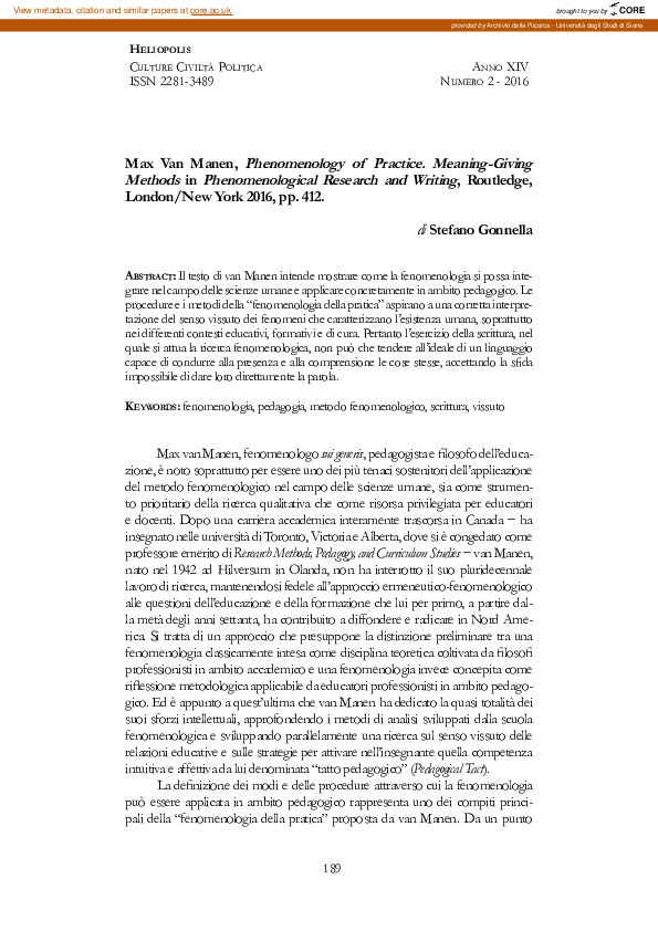 (PDF) Max Van Manen, Phenomenology of Practice. Meaning-Giving Methods ...