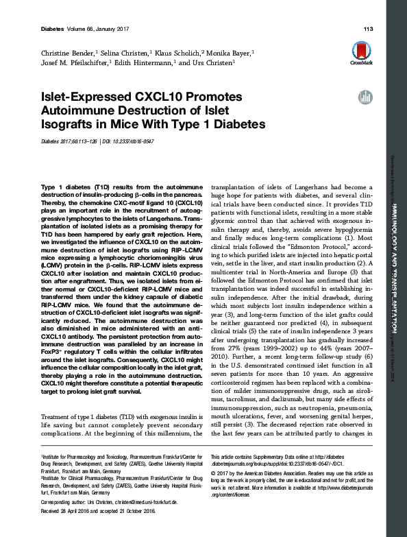 (PDF) Islet-Expressed CXCL10 Promotes Autoimmune Destruction of Islet ...