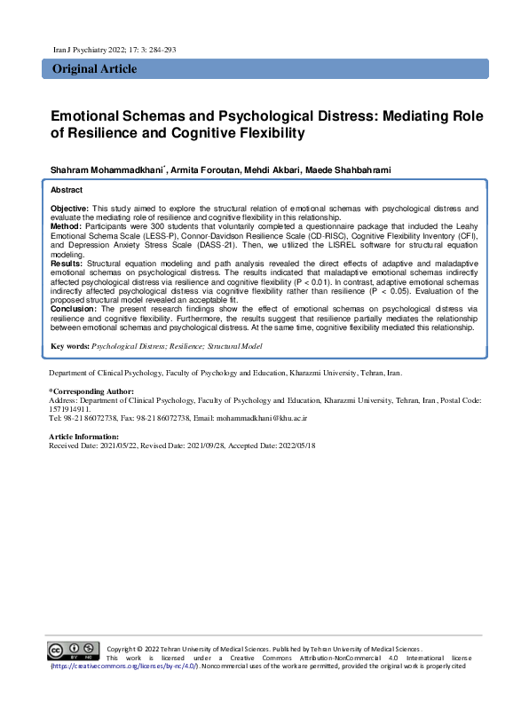 (PDF) Emotional Schemas and Psychological Distress: Mediating Role of ...