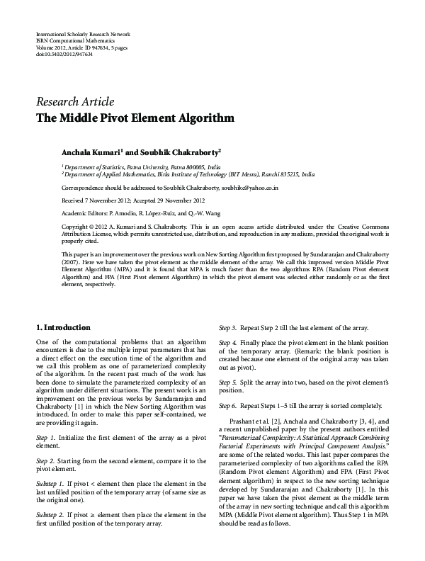 (PDF) The Middle Pivot Element Algorithm