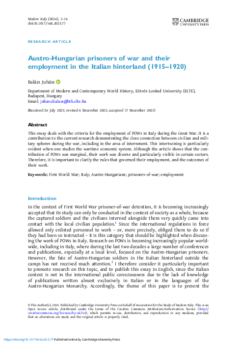 Austro-hungarian prisoners of war and their employment in the italian hinterland (1915-1920)