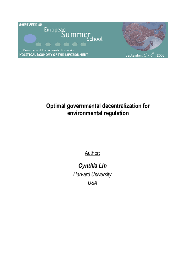 (PDF) Optimal governmental decentralization for environmental regulation