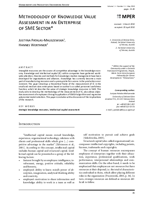 (PDF) Methodology of Knowledge Value Assessment in an Enterprise of Sme ...