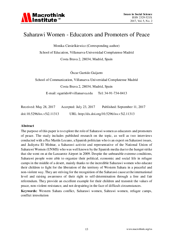 (PDF) Saharawi Women - Educators and Promoters of Peace