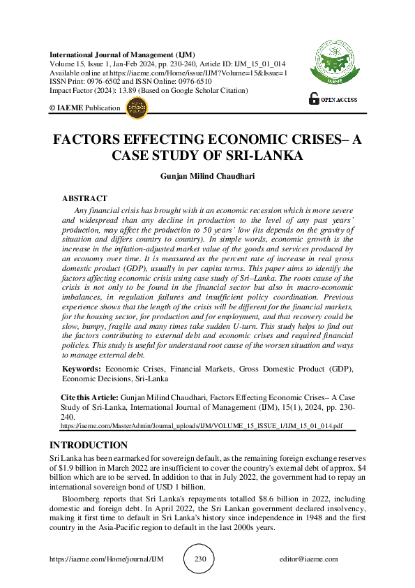 (PDF) FACTORS EFFECTING ECONOMIC CRISES– A CASE STUDY OF SRI-LANKA
