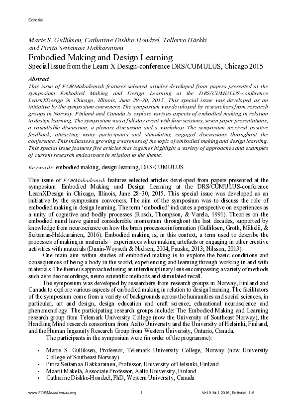 (PDF) Embodied Making and Design Learning - Special Issue from the ...