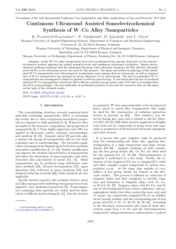 (PDF) Continuous Ultrasound Assisted Sonoelectrochemical Synthesis of W ...