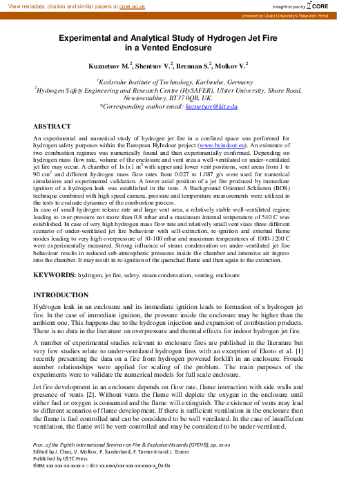 (PDF) Experimental and Analytical Study of Hydrogen Jet Fire in a ...