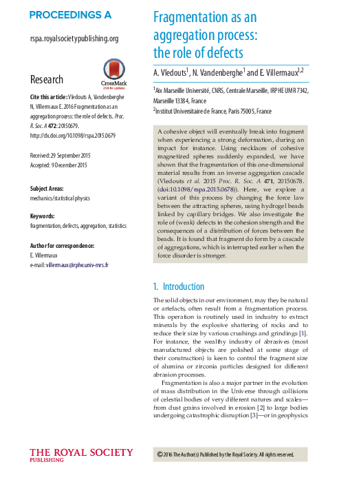 (PDF) Fragmentation as an aggregation process: the role of defects