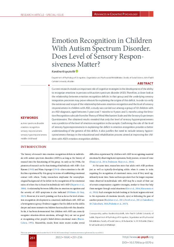 (PDF) Emotion Recognition in Children With Autism Spectrum Disorder ...