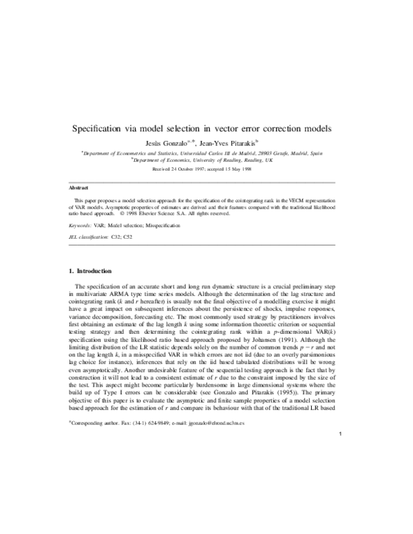 (PDF) Specification via model selection in vector error correction models