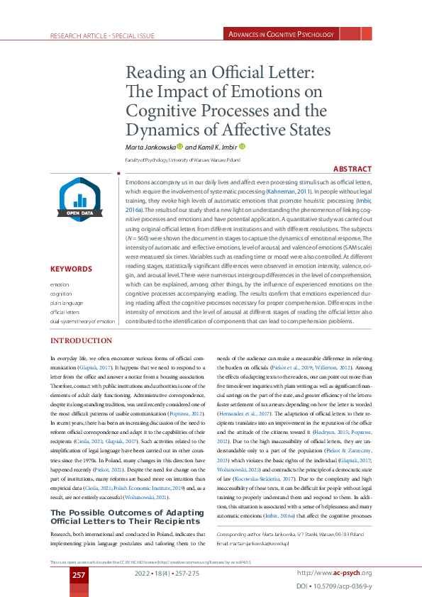 (PDF) Reading an Official Letter: The Impact of Emotions on Cognitive ...