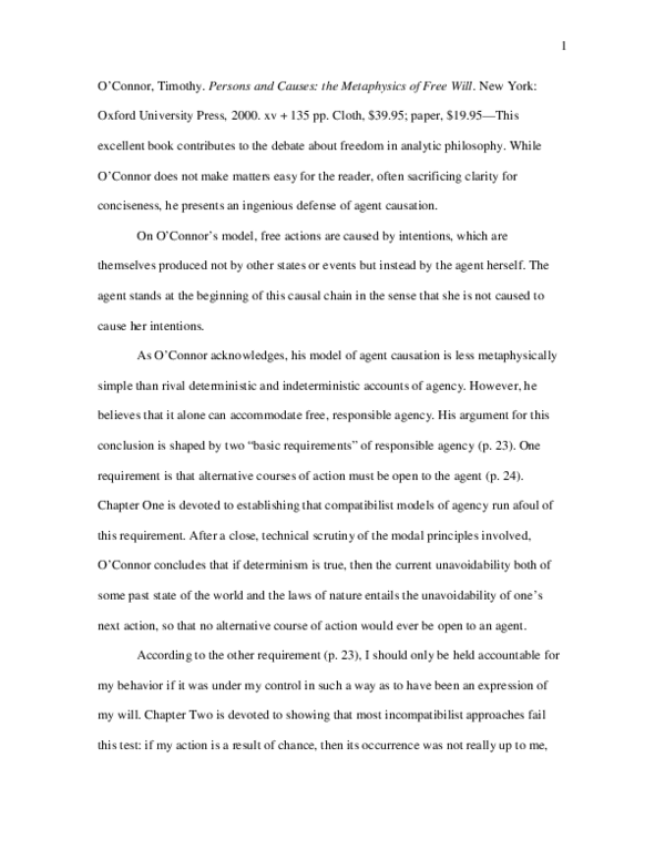 (PDF) O'Connor, Timothy. Persons and Causes: The Metaphysics of Free Will